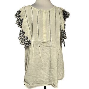 MAX STUDIO White Embroidered Flutter Sleeve Peasant Blouse Pullover 1X NEW